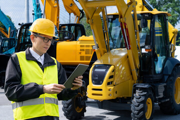 Aufkleber - Engineer in a helmet with a digital tablet stands next to construction excavators..