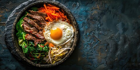 Wall Mural - Bowl of bibimbap, a Korean rice dish topped with assorted vegetables, marinated beef, a fried egg, and spicy gochujang sauce, served in a traditional stone bowl