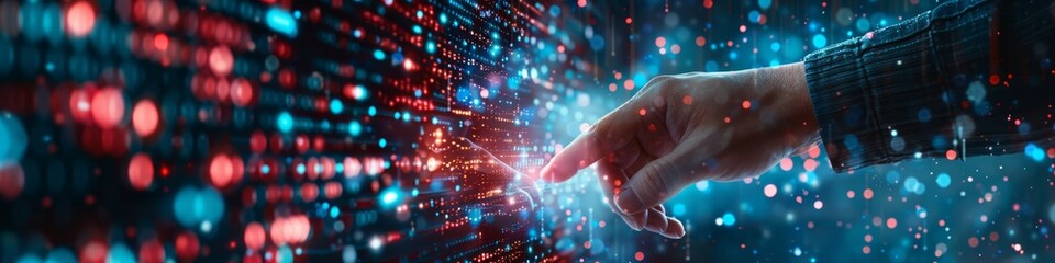 Businessman hand touching digital screen with binary code. 3d rendering