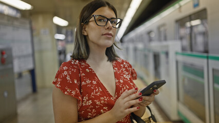 Poster - Cheerful young hispanic woman donned in glasses happily typing a message on her smartphone while patiently waiting for the subway train at a bustling city station, embarking on a new journey.