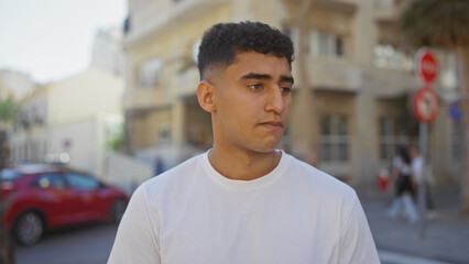 Handsome young man in urban setting, with blurred city street background and casual attire.