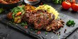 Turkish Kuzu Tandir on a slate plate, Slow-roasted lamb marinated in herbs and spices, Tender and succulent meat served with pilaf and roasted vegetables