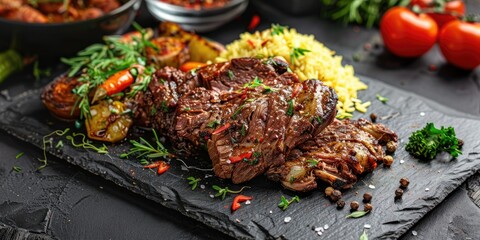 Turkish Kuzu Tandir on a slate plate, Slow-roasted lamb marinated in herbs and spices, Tender and succulent meat served with pilaf and roasted vegetables