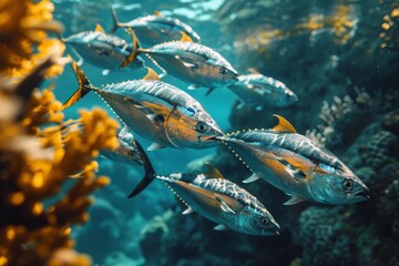 Wall Mural - An underwater scene showing a group of tuna fishes swimming in unison past vibrant coral formations in the ocean