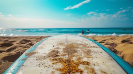 Poster - Surfboard covered in sand, ready for use against the backdrop of the sea