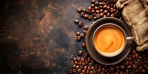 Birdseye view of coffee cup beans in sack on dark background. Concept Bird's Eye View, Coffee Cup, Coffee Beans, Sack, Dark Background