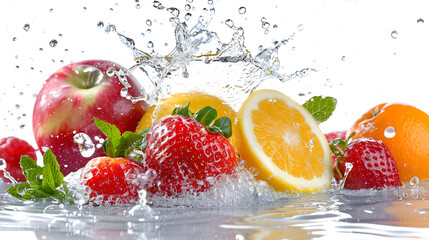 Wall Mural - assorted fresh fruits with water splashes isolated on white background ,Water splash with fruits and berries isolated on white background