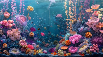 Wall Mural - A colorful underwater scene with many fish and coral