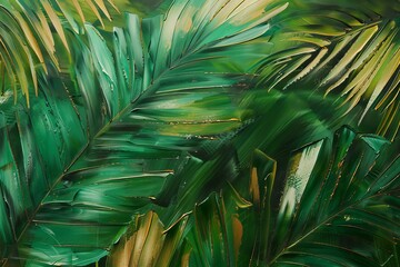 Poster - Close up of vibrant green tropical palm leaves, showcasing the lush, abstract, and natural textures of the foliage, perfect for ecofriendly, artistic, and serene nature backgrounds and designs