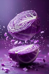 Wall Mural - Stunning image capturing purple cabbage halves floating with vibrant splashes on a deep purple background