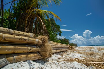 Bamboo poles stacked on a pristine sandy beach, with palm trees and a blue sky above