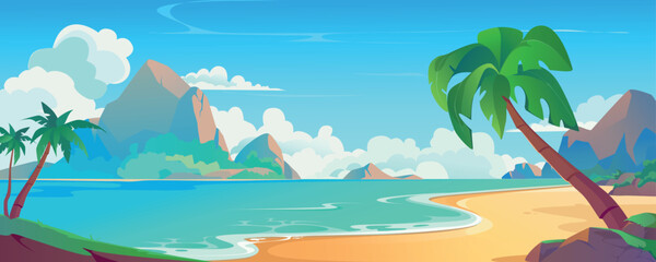 Wall Mural - Sea beach background banner in cartoon design. Tropical sand lagoon landscape with palm trees, mountain rocks with day clouds, ocean waves. Summertime seaside idyllic view. Vector cartoon illustration