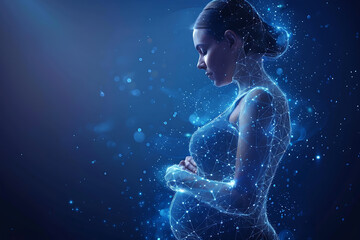 n a serene scene, a pregnant woman anticipates new life, embracing childbirth preparation and impending motherhood, featuring a wireframe against a dark blue backdrop.