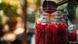 © Parintron - This photo shows a mason jar being filled with a red liquid. The jar is sitting on a wooden table. There is a green plant in the background. The photo is taken from a side angle.