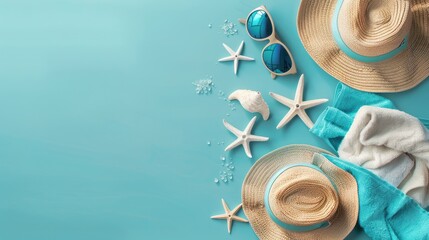 Summer vacation concept flat lay. beach accessories and towel top view. Space for text. travel concept. summer day