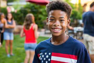 cheerful young boy wearing a U.S. flag t-shirt smiles at a backyard party