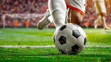 Wall Mural - close-up of a soccer player's foot kicking a soccer ball on the field during a game