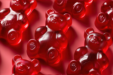 Wall Mural - red gummy bear background, close-up red gummy bear background | sweet and playful design | candy, tr