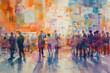 A painting depicting a group of individuals walking through the bustling streets of a city