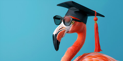 flamingo wearing a graduation cap with  summer sunglasses isolated on blue background