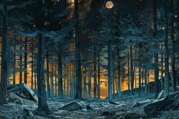 Wall Mural - a forest with trees and a moon