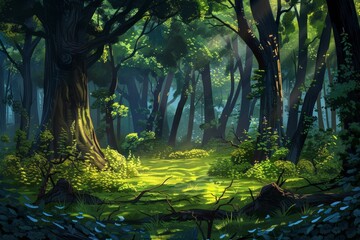 Poster - a green forest with trees and grass