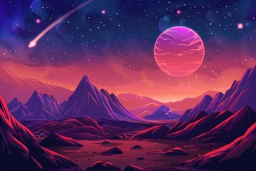 Sticker - a landscape with mountains and a pink planet in the sky