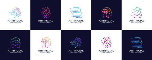 set of Artificial Intelligence logo design head face with circuit brain processor computer system