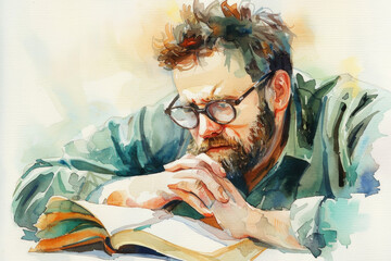 Wall Mural - A watercolor painting depicting a man engrossed in reading a book
