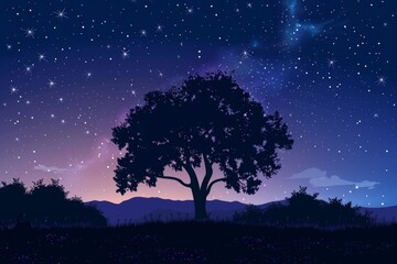 Poster - a tree in a field at night