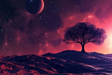 Poster - a tree on a hill with a planet in the background