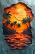 In a vibrant tropic diorama, palm trees silhouette against a sunset-lit shore.