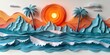 In a whimsical paper craft, an exotic seascape unfolds, with palm trees swaying under the vibrant sunrise.