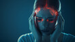 Dramatic portrayal of a young woman in severe pain, gripping her head with glowing symbols suggestive of a migraine headache, depicted against a dark, moody backdrop with a blue tint