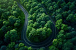 Aerial top view beautiful curve road on green forest