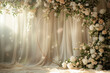 Maternity backdrop, wedding backdrop, photography background with delicate flowers and white satin drapes.