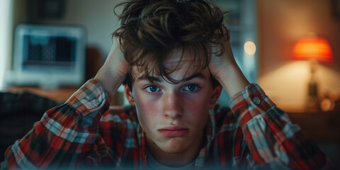 Wall Mural - A close-up view of a teenager looking anxious and worried at a screen