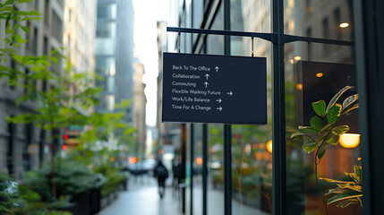 Working future choices on a black city-center sign in front of a modern office building	
