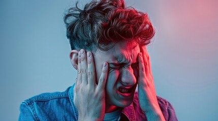 Young Man in Distress from Loud Noise. His face contorted in a grimace of pain, suggesting he is suffering from a severe headache or noise sensitivity. Migraine or intense stress