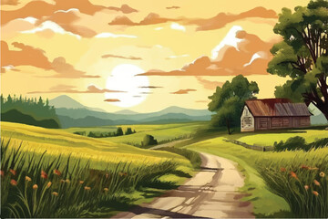 Wall Mural - Rural Scene Landscape. A scene of farmland with green fields. A backdrop with blue sky, meadows, and trees with green grass. Vector image of rural farmland in the country. 