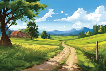 Wall Mural - Rural Scene Landscape. A scene of farmland with green fields. A backdrop with blue sky, meadows, and trees with green grass. Vector image of rural farmland in the country. 