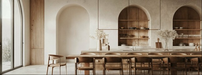 Dining room interior with arcs. 