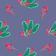 Christmas coniferous branch and red berries seamless pattern watercolor illustration isolated on blue background base for holiday card design textile tableware