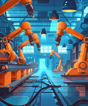 A factory with an assembly line fully robotic with two lines of big robotic arms