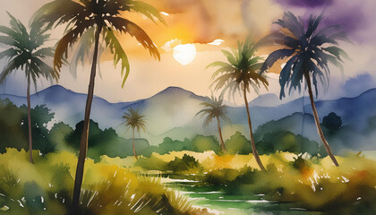 Wall Mural - Watercolor painting of beautiful palm trees. Tropical nature with sunlight. Natural landscape