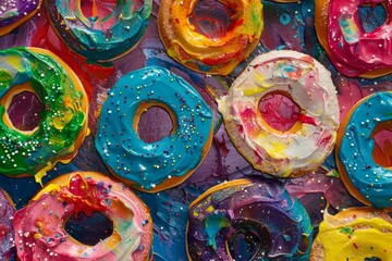 Sticker - Top view of assorted donuts with bright icing and sprinkles on a multicolored surface