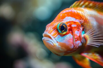 Wall Mural - Closeup of a colorful tropical fish with a blurred coral background