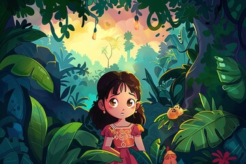 Wall Mural - A fairytale story coverpage with same cute little Princess Aria looking lost in a jungle all alone . 