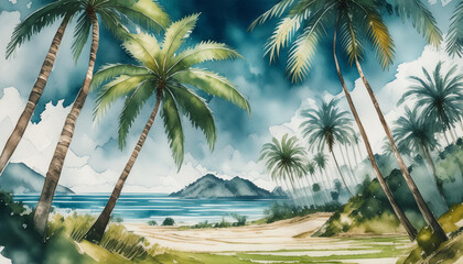 Wall Mural - Watercolor painting of beautiful palm trees. Blue sky and tropical beach. Natural landscape.