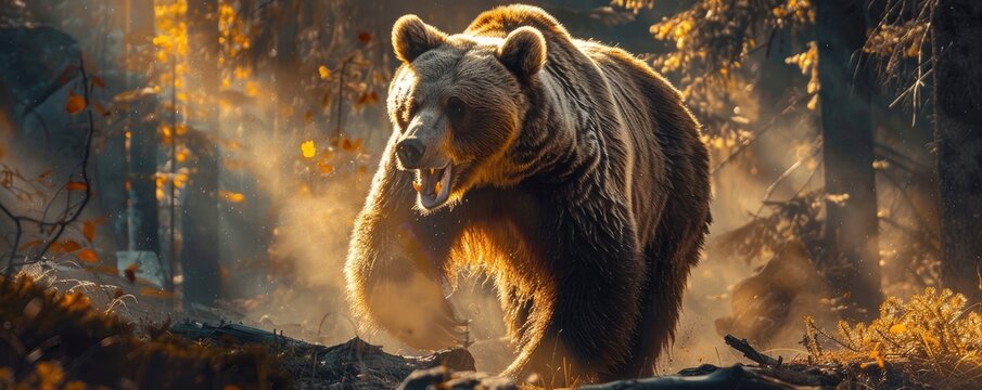 large brown bear roaring assertively amidst a sunlit forest, emphasizing its wild presence.